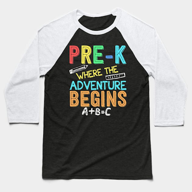 Pre-k Where the Adventure Begins Back To School Baseball T-Shirt by paola.illustrations